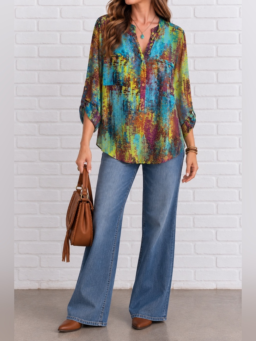 COMO Sheer Abstract Print Blouse Medium Teal Green Brown Boho Y2K